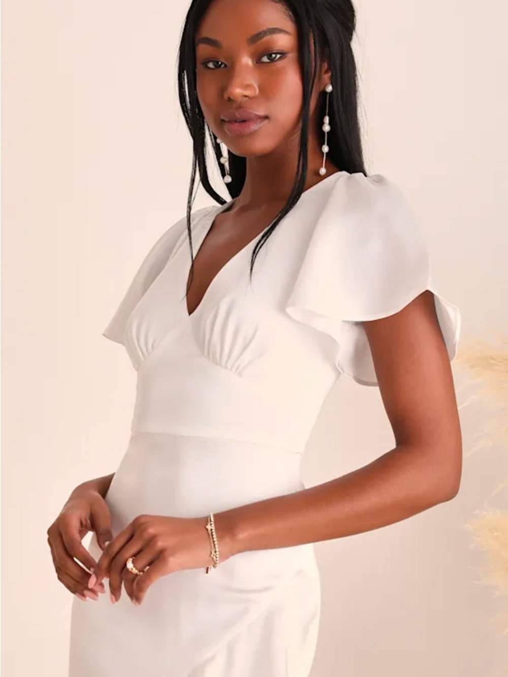 Eternal Bond White Satin Ruffled Flutter Sleeve - Picture 5 of 12
